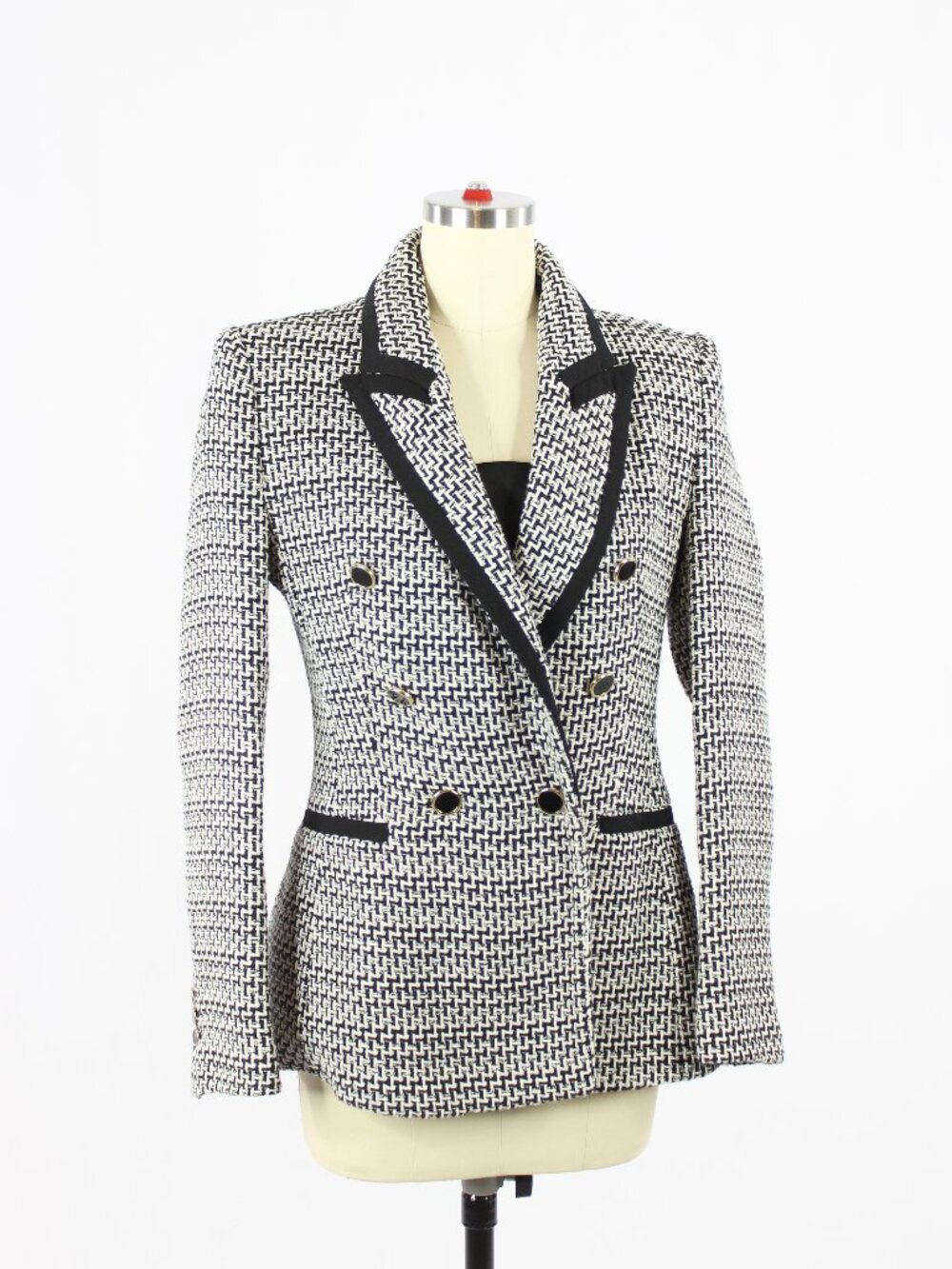 ZARA Black White Tweed Structured Double Breasted Blazer Suit Jacket, Size S